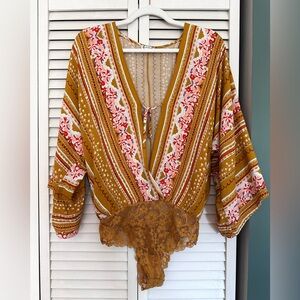 Intimately Free People Womens Yellow Patterned Blouse Bodysuit Size XS